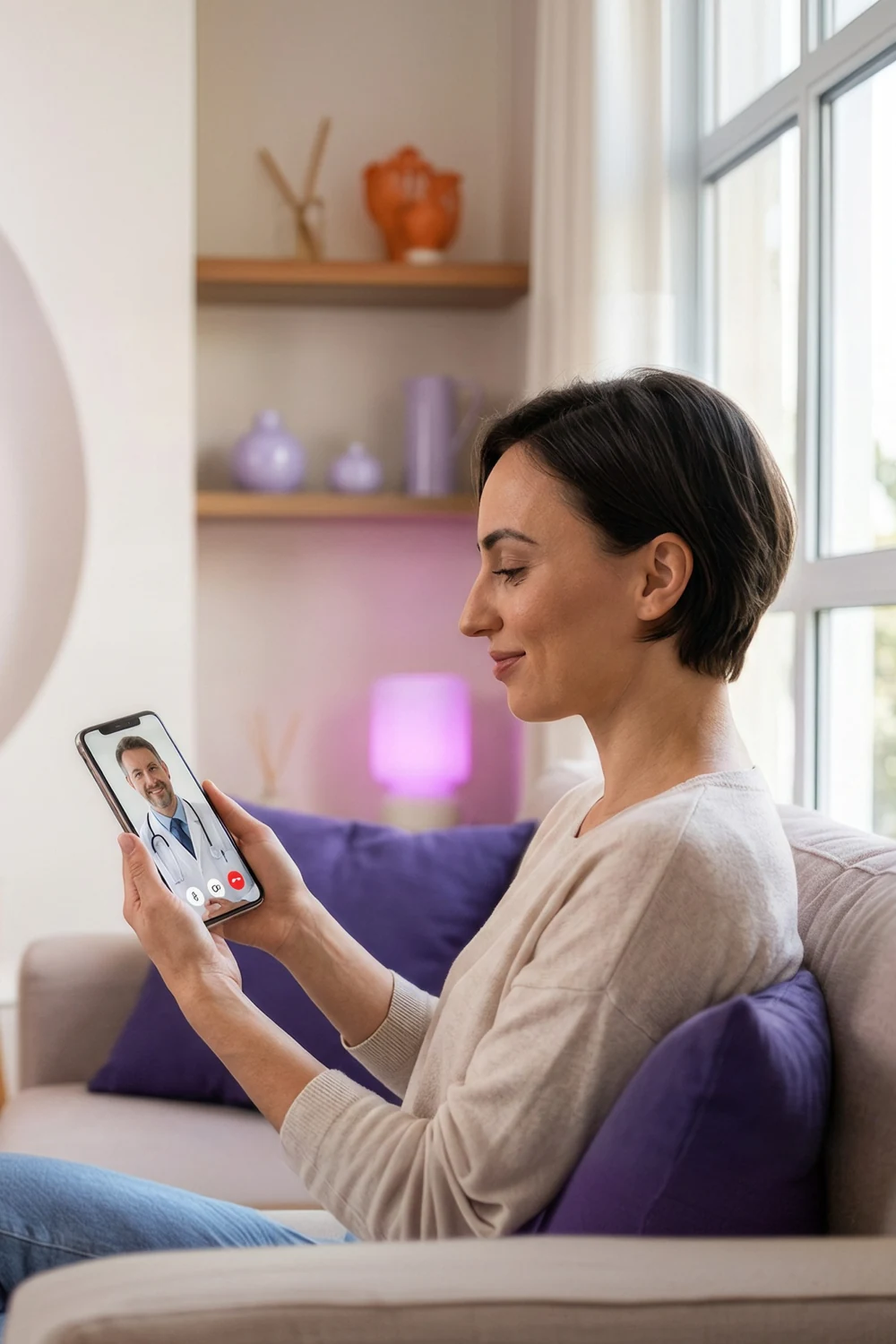 Pessoa em consulta médica on-line pelo celular, em casa