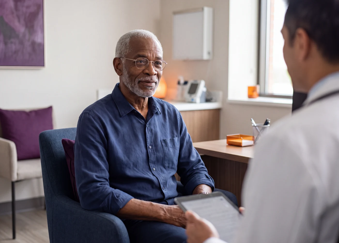 Homem idoso conversando com um médico em consultório de clínica