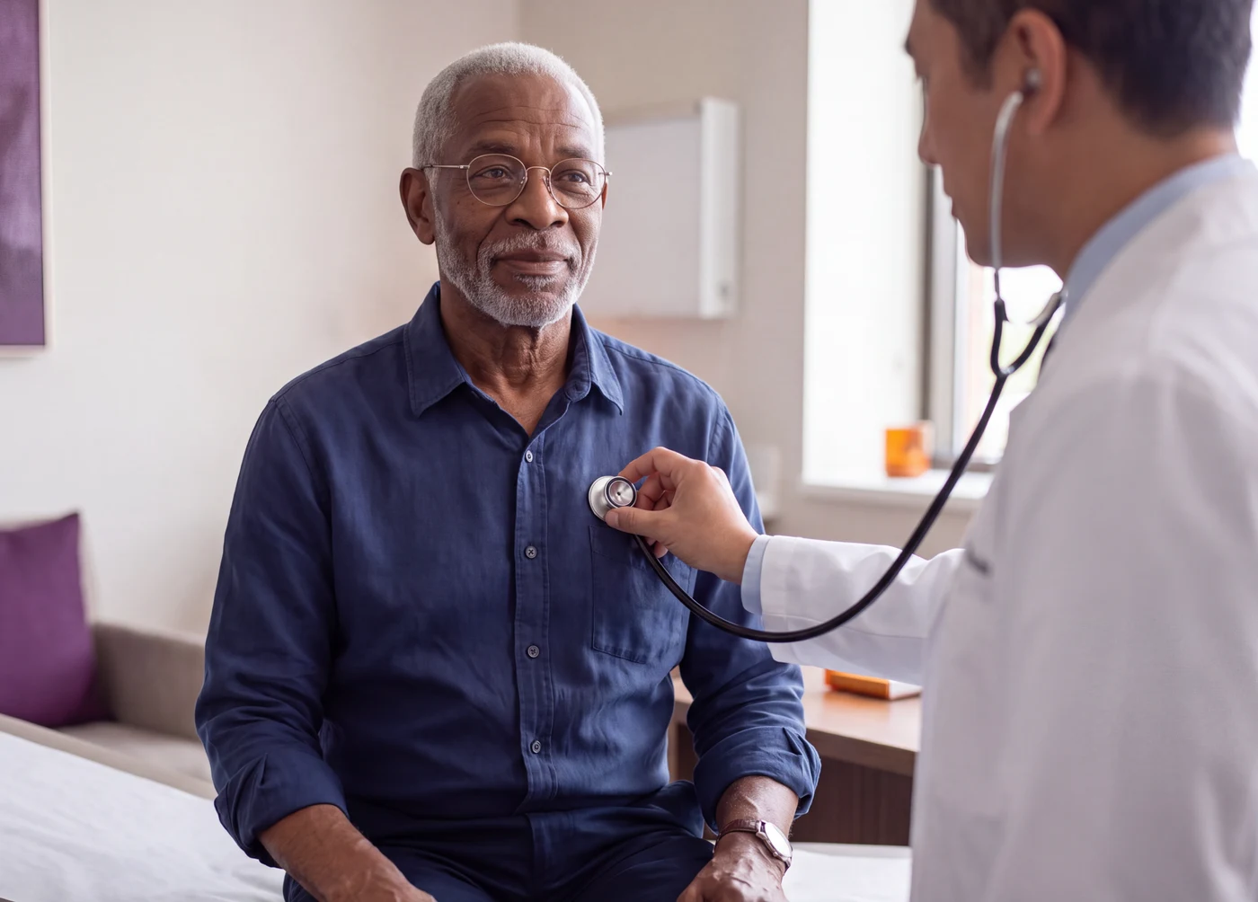 Médico auscultando o peito de um paciente idoso com estetoscópio